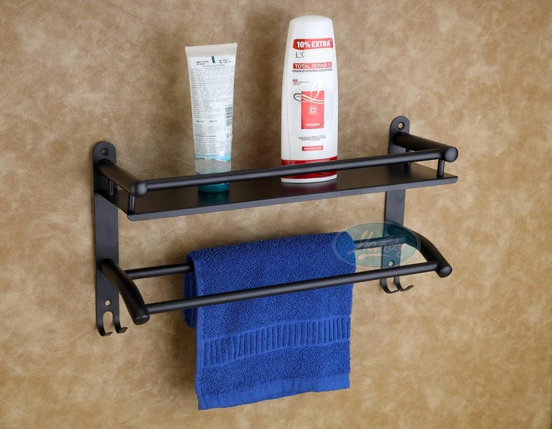 HANDY Bathroom Accessories Stainless Steel Shelf | 1 Layer Shelves with Towel Bar and Hooks Wall Mounted Kitchen Organizer (Matt Black, 16X5X9 inch) - Image 1