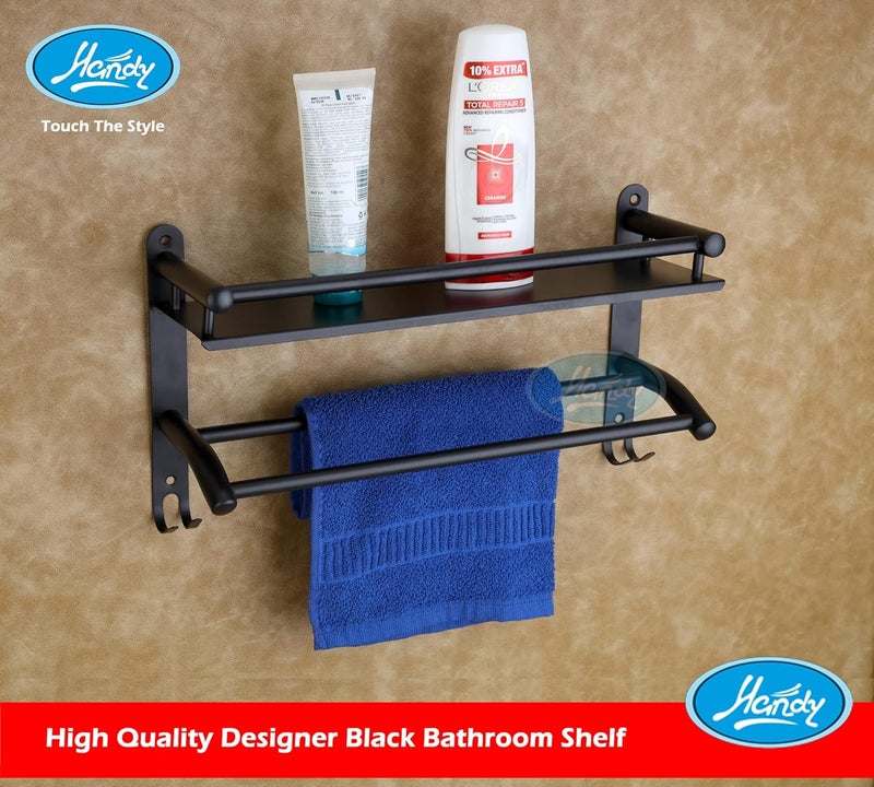HANDY Bathroom Accessories Stainless Steel Shelf | 1 Layer Shelves with Towel Bar and Hooks Wall Mounted Kitchen Organizer (Matt Black, 16X5X9 inch) - Image 3