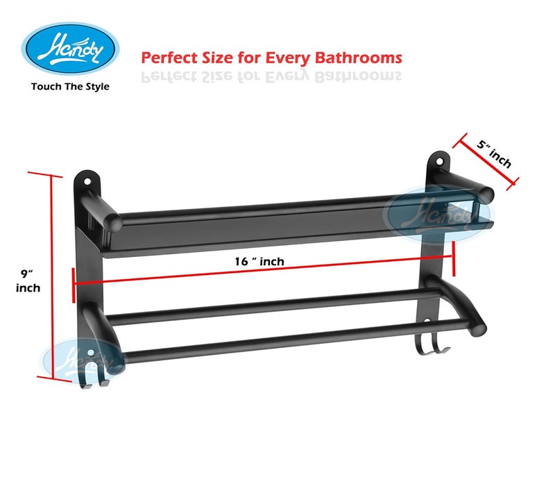 HANDY Bathroom Accessories Stainless Steel Shelf | 1 Layer Shelves with Towel Bar and Hooks Wall Mounted Kitchen Organizer (Matt Black, 16X5X9 inch) - Image 2