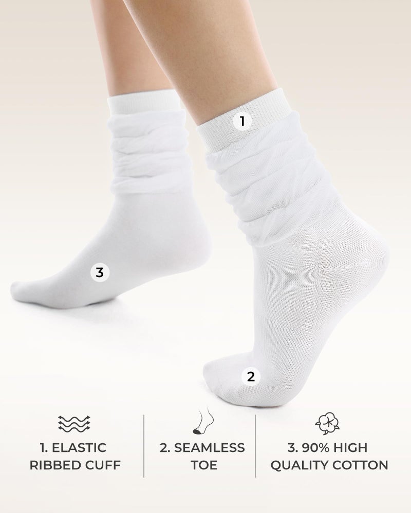 FITRELL Scrunch Crew Socks for Women, Pre-sewn Slouch Look Soft Cotton Mid Calf Retro Cute Socks 3 Pairs (Can't Straighten), White, Small-Medium - Image 4