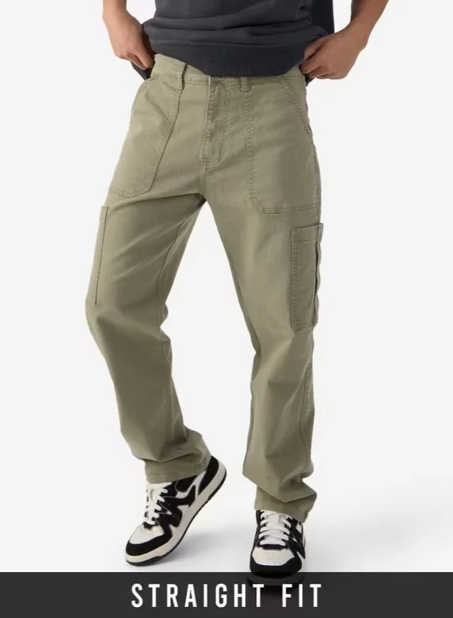The Souled Store Men Solids Light Olive Straight Fit Jeans