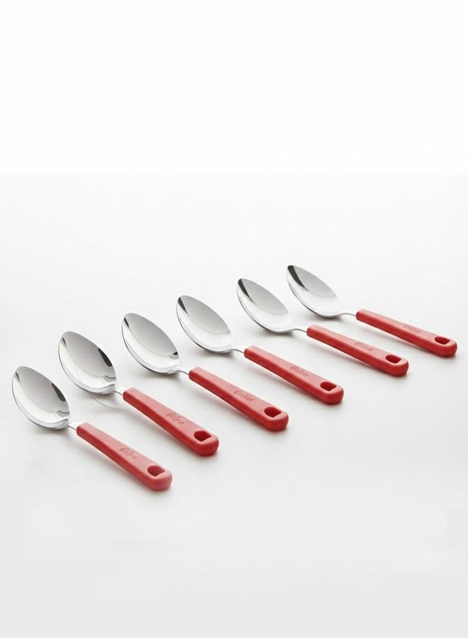 SUPERMOM Spoon Set for Kitchen 6 Pc - Stainless Steel Tea Spoon with Comfortable Plastic Handle - Durable Rust-Resistant Spoon Set for Kids Cutlery, Tea, Coffee, Desserts Eating & Daily Dining (Red) - Image 1