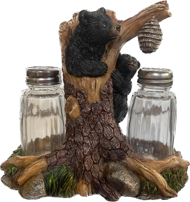 Pine Ridge Bear Salt And Pepper Shaker - Two Glass Shakers, Bear In Tree Holder Caddy For Spices And Seasonings, For Kitchen, Dining Or Table Décor - Image 1
