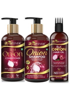 AYUREVER Red Onion Oil With Hair Applicator (100 Ml) + Onion Hair Conditioner (300Ml) + Red Onion Shampoo (300 Ml) Complete Combo  - Image 1