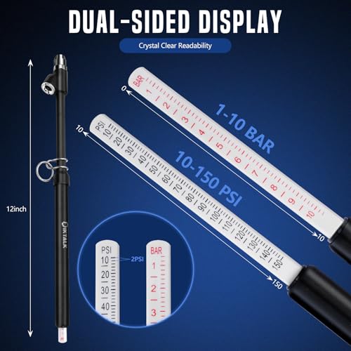DikTalk 2-Pack Heavy Duty Dual Head Tire Pressure Gauge (10-150 PSI, 1-10 Bar) for Semi Trucks, RVs, Cars, Motorcycles - 12 Inch - Image 4