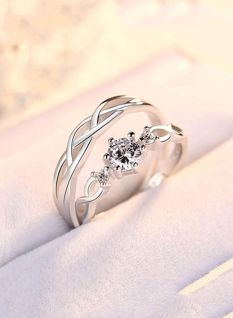 A Pair of 925 Sterling Silver Adjustable Couple Rings Double Heart Matching Bands for Him and Her Perfect for Engagement Wedding Day Anniversary or Daily Wear - Image 2