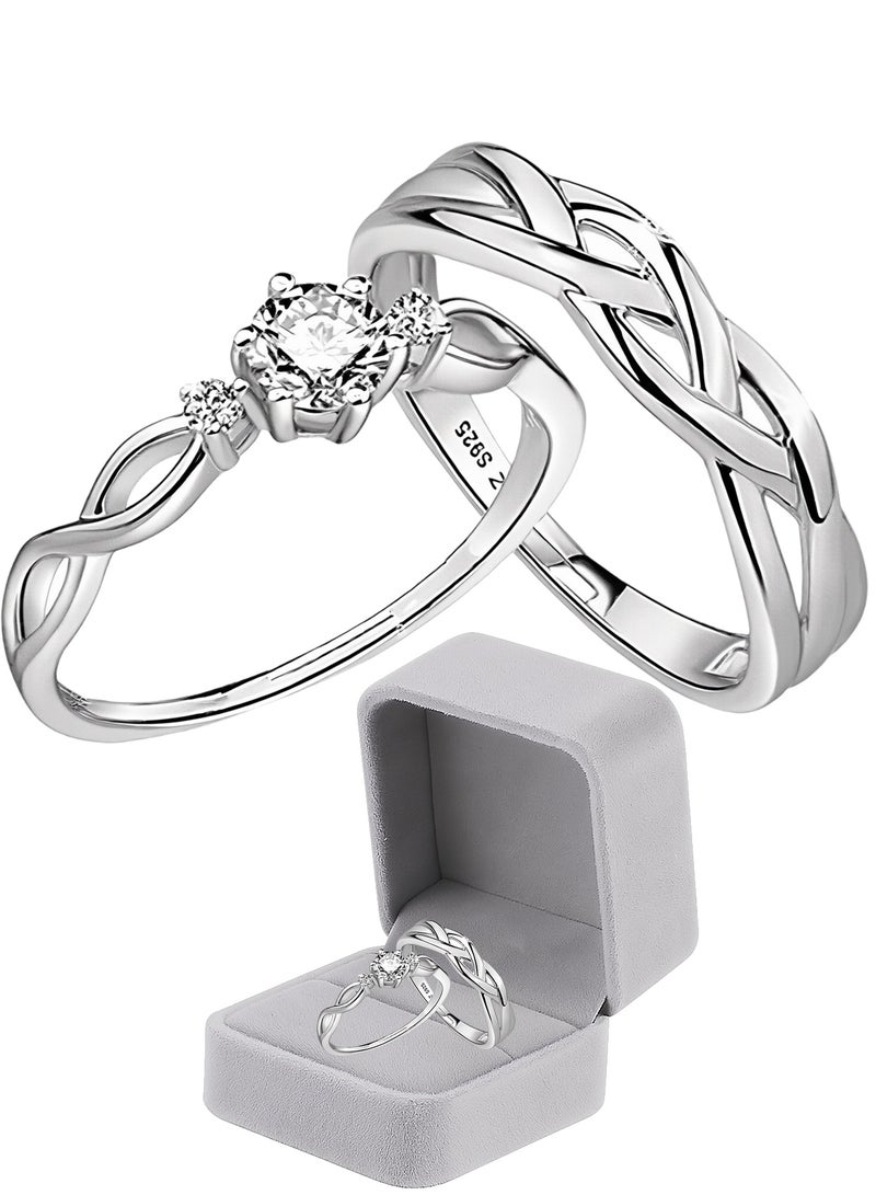 A Pair of 925 Sterling Silver Adjustable Couple Rings Double Heart Matching Bands for Him and Her Perfect for Engagement Wedding Day Anniversary or Daily Wear - Image 1