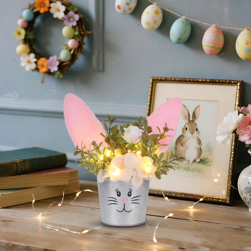 Prsildan Easter Table Decorations Artificial Flower with Bunny Ear, Lighted Desk Decor Bunny Flowers, Easter Tabletop Decorations for Home Table Mantle Office Spring Party - Image 2