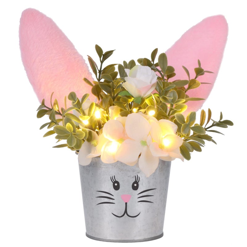 Prsildan Easter Table Decorations Artificial Flower with Bunny Ear, Lighted Desk Decor Bunny Flowers, Easter Tabletop Decorations for Home Table Mantle Office Spring Party - Image 1