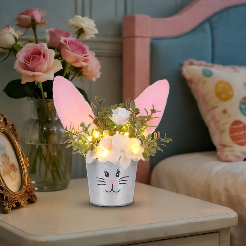 Prsildan Easter Table Decorations Artificial Flower with Bunny Ear, Lighted Desk Decor Bunny Flowers, Easter Tabletop Decorations for Home Table Mantle Office Spring Party - Image 4