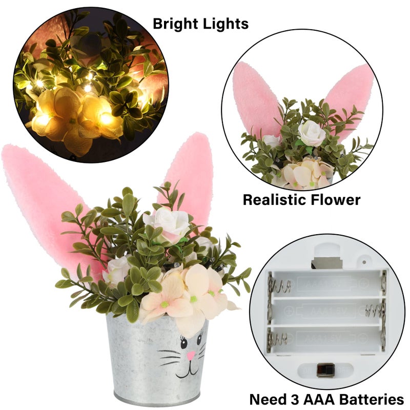 Prsildan Easter Table Decorations Artificial Flower with Bunny Ear, Lighted Desk Decor Bunny Flowers, Easter Tabletop Decorations for Home Table Mantle Office Spring Party - Image 5