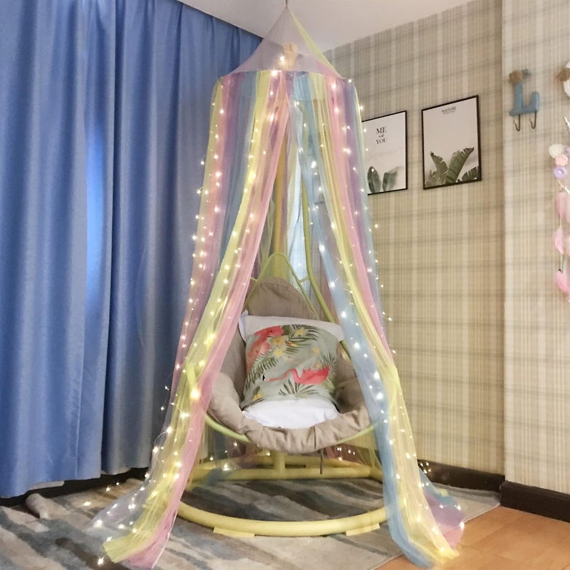 Eimilaly Princess Rainbow Bed Canopy with 250pcs Warm White Curtain Lights, Bed Canopy for Girls Room Decor or Unicorn Theme Party - Image 3