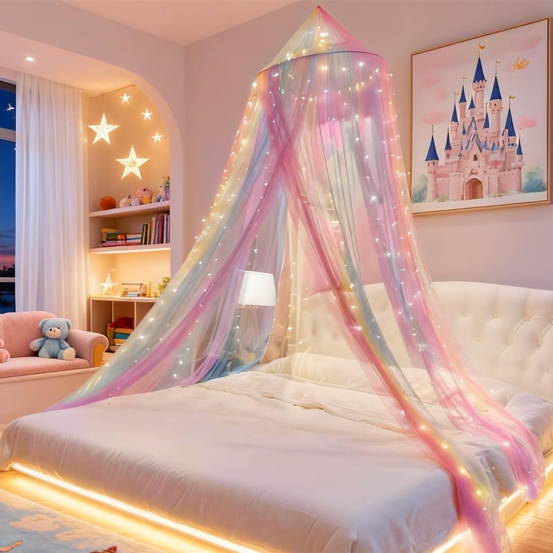 Eimilaly Princess Rainbow Bed Canopy with 250pcs Warm White Curtain Lights, Bed Canopy for Girls Room Decor or Unicorn Theme Party - Image 1