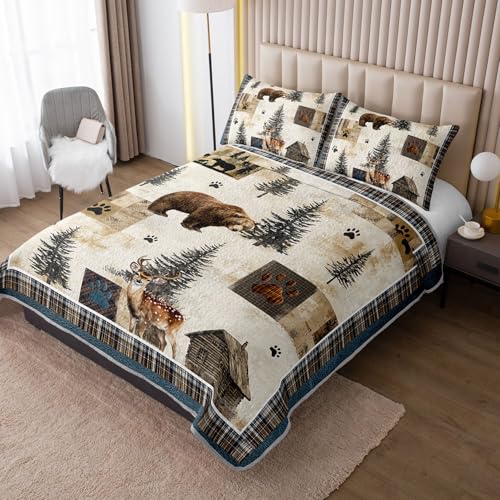 Tuzaovy Bear Deer Quilt Set King Size,Rustic Animal Bear Paw Printed Bed Cover Set for Boys Girls Room Decor,Rustic Farmhouse Quilt Bedding,Country Woodland Pine Tree Bedspread Bedroom Decor - Image 2