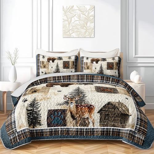 Tuzaovy Bear Deer Quilt Set King Size,Rustic Animal Bear Paw Printed Bed Cover Set for Boys Girls Room Decor,Rustic Farmhouse Quilt Bedding,Country Woodland Pine Tree Bedspread Bedroom Decor - Image 3