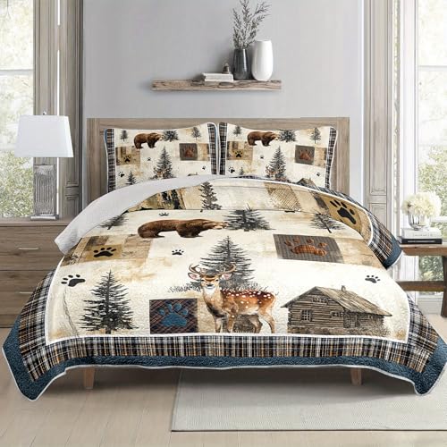 Tuzaovy Bear Deer Quilt Set King Size,Rustic Animal Bear Paw Printed Bed Cover Set for Boys Girls Room Decor,Rustic Farmhouse Quilt Bedding,Country Woodland Pine Tree Bedspread Bedroom Decor - Image 5
