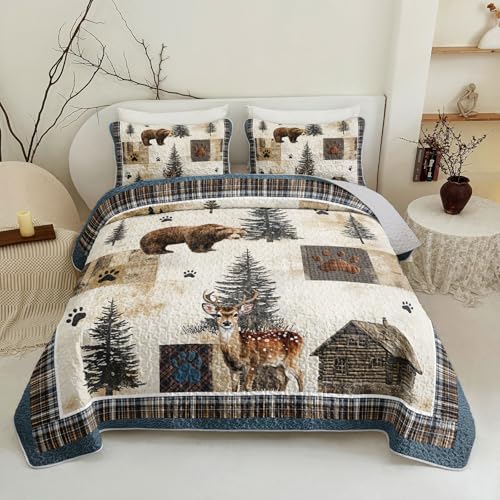 Tuzaovy Bear Deer Quilt Set King Size,Rustic Animal Bear Paw Printed Bed Cover Set for Boys Girls Room Decor,Rustic Farmhouse Quilt Bedding,Country Woodland Pine Tree Bedspread Bedroom Decor - Image 1