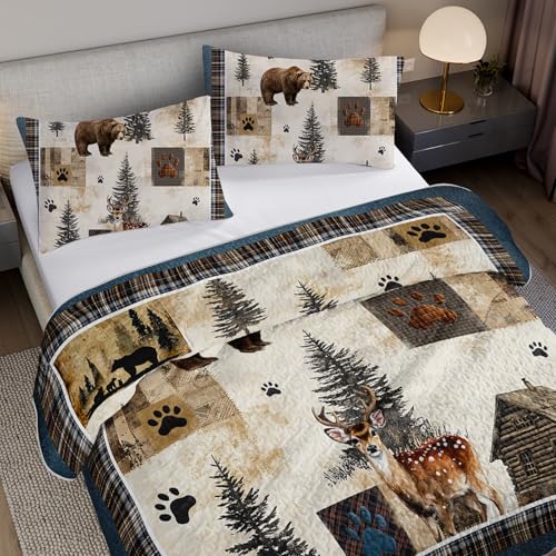 Tuzaovy Bear Deer Quilt Set King Size,Rustic Animal Bear Paw Printed Bed Cover Set for Boys Girls Room Decor,Rustic Farmhouse Quilt Bedding,Country Woodland Pine Tree Bedspread Bedroom Decor - Image 4