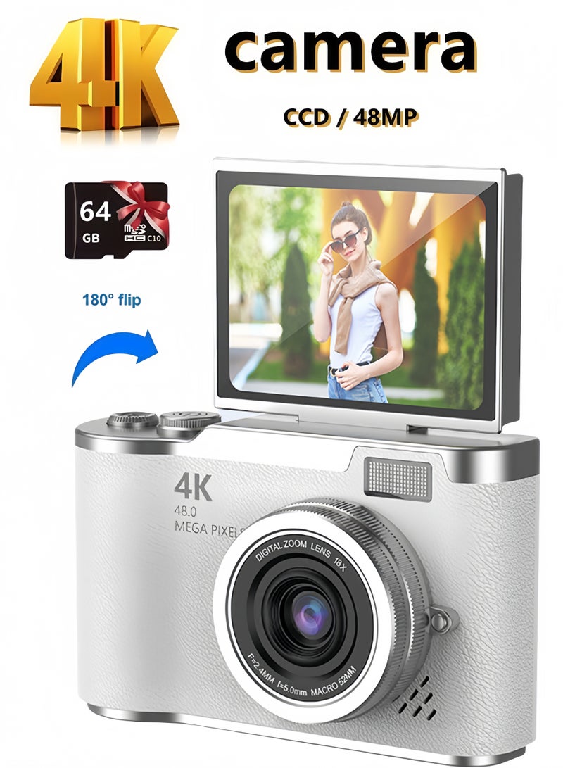 LAYRA 4k CCD Digital Zoom Student Digital Camera 48MP Portable Digital Photography Camera 180° Flip Screen Selfie Camera，With 64GB SD card  - Image 1