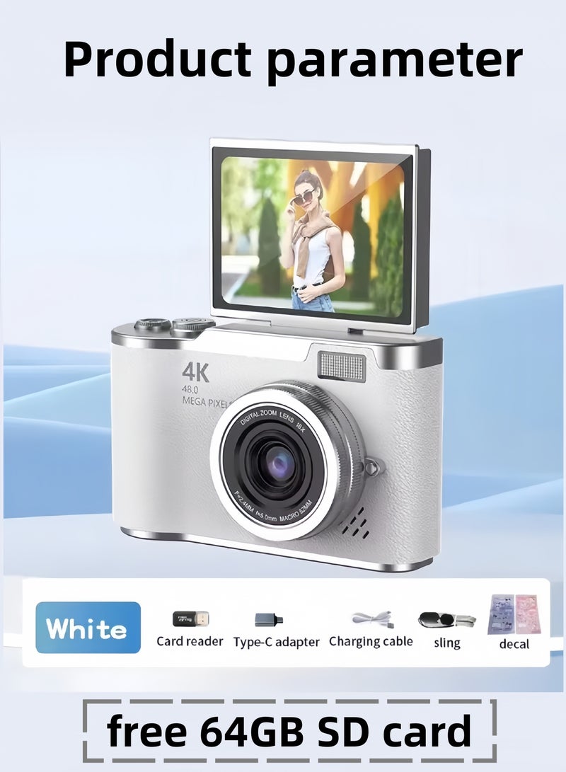 LAYRA 4k CCD Digital Zoom Student Digital Camera 48MP Portable Digital Photography Camera 180° Flip Screen Selfie Camera，With 64GB SD card  - Image 2