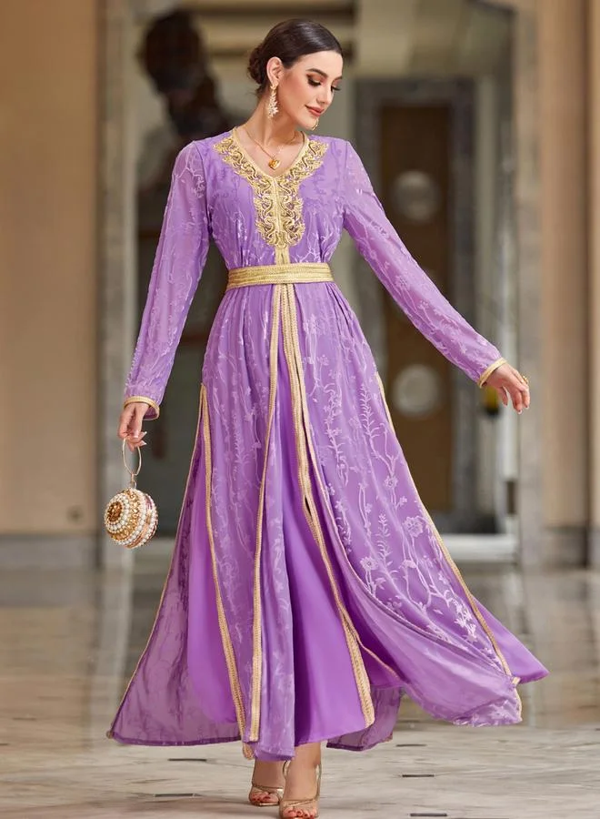 Take Two  Women Lilac Flower and Golden Patch Detail Jalabiya for Women | Best Price UAE