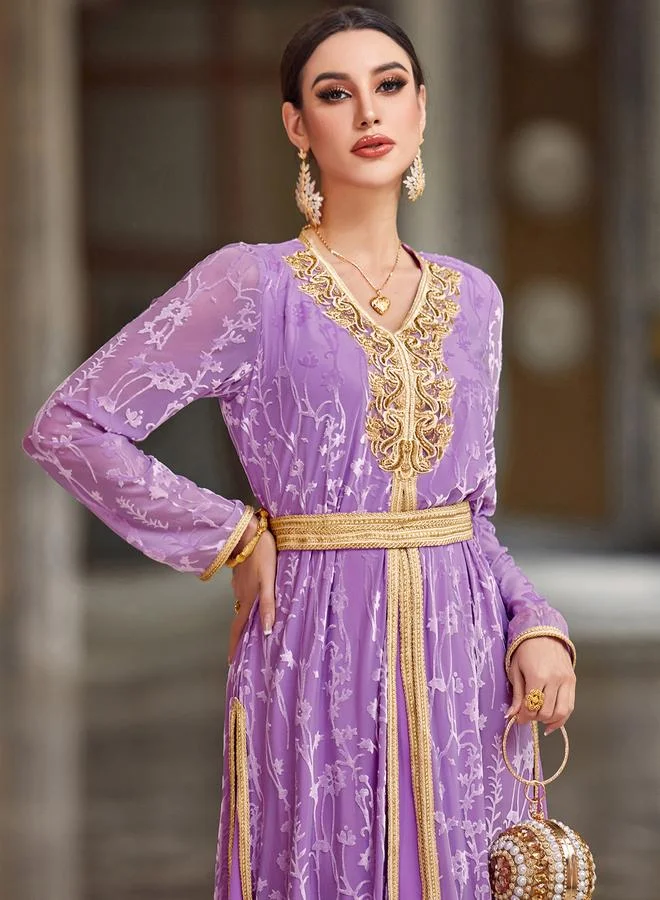 Take Two  Women Lilac Flower and Golden Patch Detail Jalabiya for Women | Best Price UAE