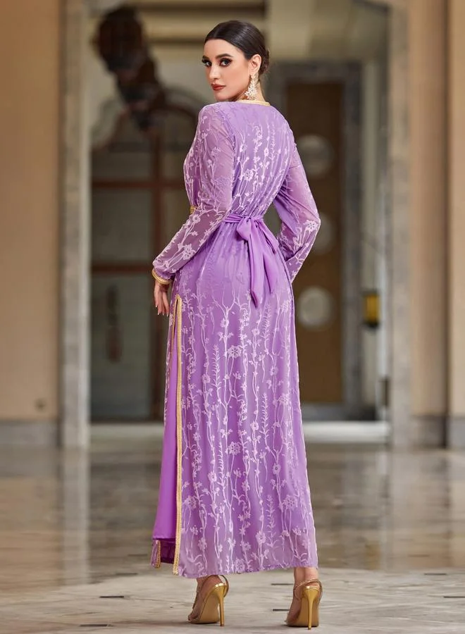 Take Two  Women Lilac Flower and Golden Patch Detail Jalabiya for Women | Best Price UAE