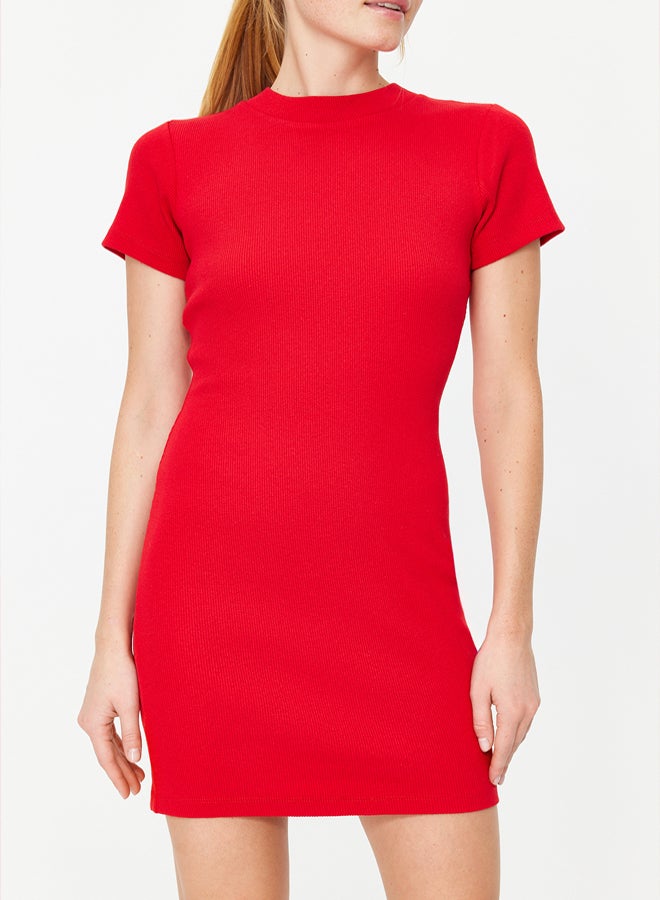 trendyol Red Body Fitted Short Sleeve Crew Neck Mini Ribbed Stretchy Knitted Pencil Dress  - Image 4