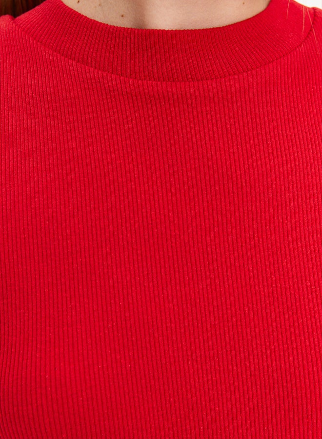 trendyol Red Body Fitted Short Sleeve Crew Neck Mini Ribbed Stretchy Knitted Pencil Dress  - Image 5