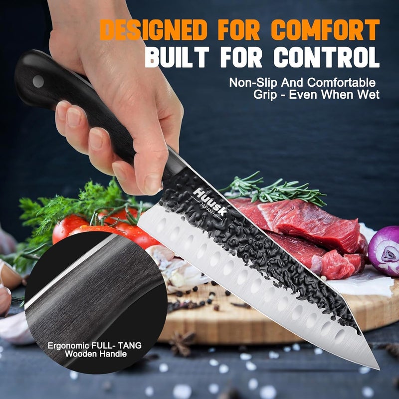 Huusk Knives from Japan Santoku knife - Hand Forged Chef Knife for Meat Cutting - Ideal Kitchen Knife Made From a Single Piece of High Carbon Steel Christmas Gift for Men and Women - Image 5