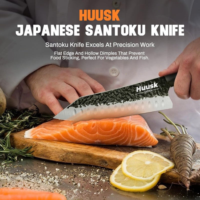 Huusk Knives from Japan Santoku knife - Hand Forged Chef Knife for Meat Cutting - Ideal Kitchen Knife Made From a Single Piece of High Carbon Steel Christmas Gift for Men and Women - Image 2
