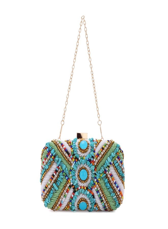Fecialy Women Clutch Purse Natural Stone Square Evening Handbag Beaded Purse Satin Crossbody Shoulder Bags with Chain - Image 1