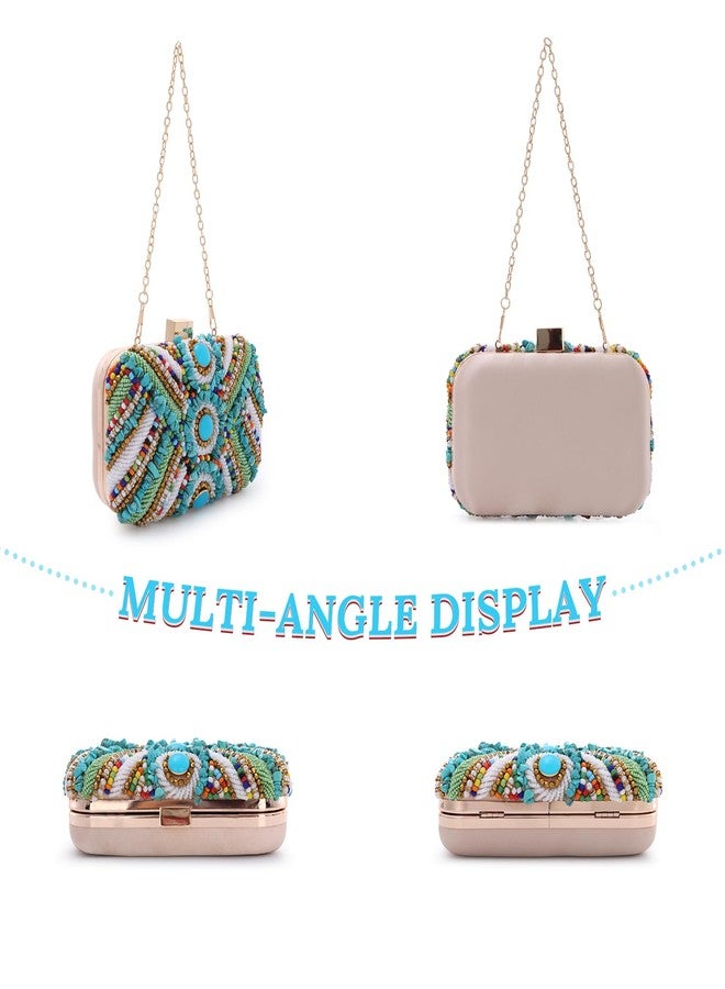 Fecialy Women Clutch Purse Natural Stone Square Evening Handbag Beaded Purse Satin Crossbody Shoulder Bags with Chain - Image 5