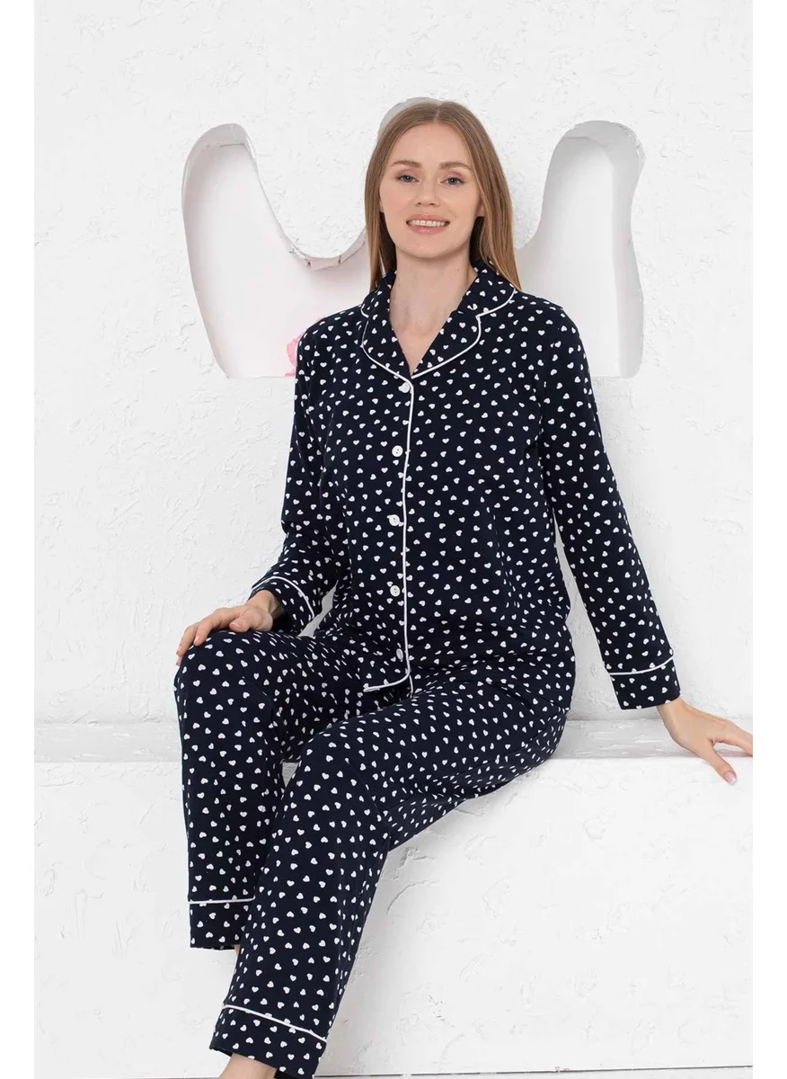 Bie'S Women's Navy Blue Heart Front Buttoned Shirt Collar Long Sleeve Seasonal Cotton Lycra Pocket Pajama Set