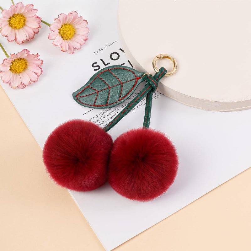 Clofiak Cherry Pom Pom Keychain, Fluffy Car Keychain Pompom Key Chains Charm for Handbags, Purses, Handbags, Bags for Women Girl (Red) - Image 4