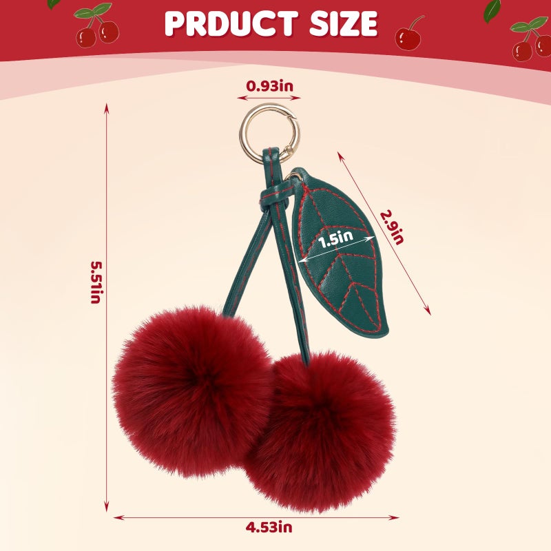 Clofiak Cherry Pom Pom Keychain, Fluffy Car Keychain Pompom Key Chains Charm for Handbags, Purses, Handbags, Bags for Women Girl (Red) - Image 2