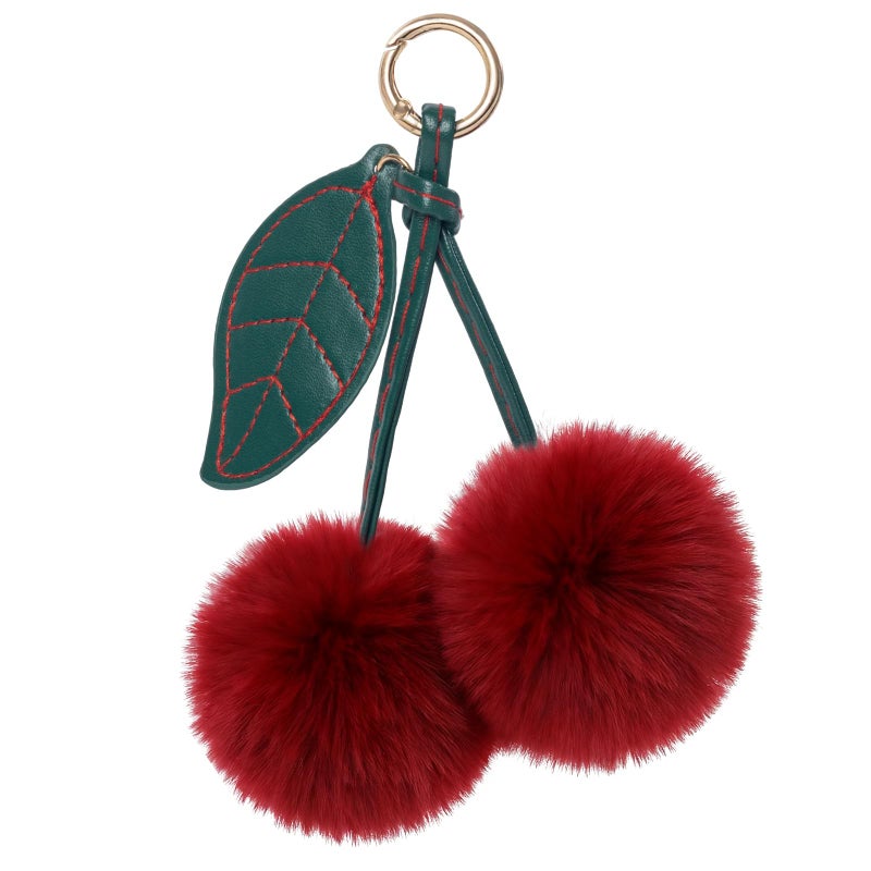 Clofiak Cherry Pom Pom Keychain, Fluffy Car Keychain Pompom Key Chains Charm for Handbags, Purses, Handbags, Bags for Women Girl (Red) - Image 1