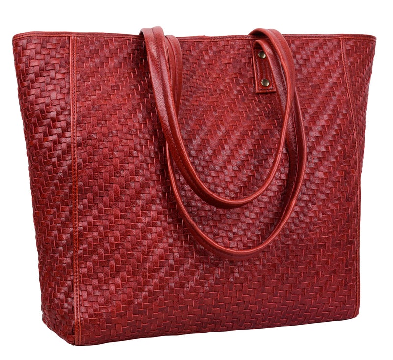 ANTONIO VALERIA Alexis Braided Red Leather Tote/Top Handle Shoulder Bag for Women - Image 1