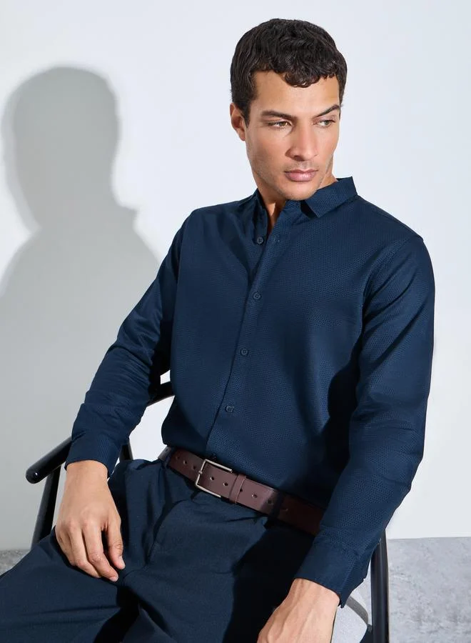 ستايلي Navy Blue Solid Textured Regular Fit Shirt