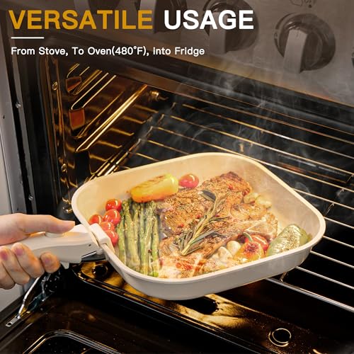 Astercook مجموعة أواني الطهي غير اللاصقة من أستركوك 23 قطعة مع مقبض قابل للفصل، مجموعة مطبخ قابلة للتكديس، مقبض قابل للإزالة، آمنة للفرن، جاهزة للاستخدام على الحث، بيضاء كريمية - Image 3