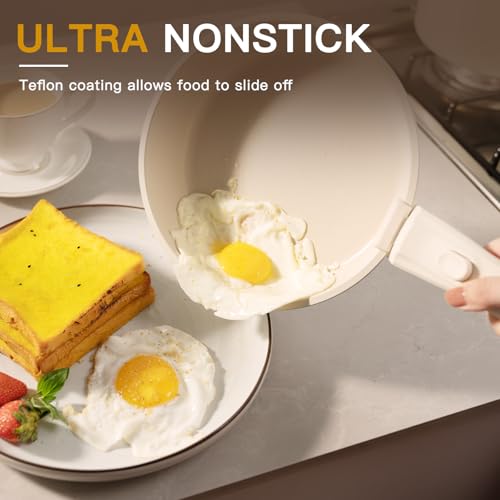 Astercook مجموعة أواني الطهي غير اللاصقة من أستركوك 23 قطعة مع مقبض قابل للفصل، مجموعة مطبخ قابلة للتكديس، مقبض قابل للإزالة، آمنة للفرن، جاهزة للاستخدام على الحث، بيضاء كريمية - Image 4