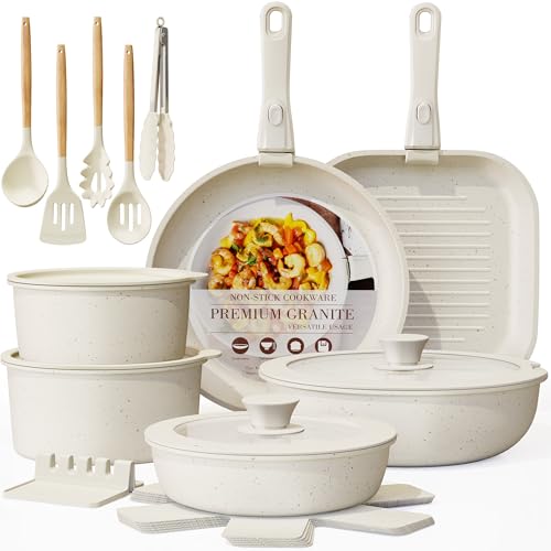 Astercook مجموعة أواني الطهي غير اللاصقة من أستركوك 23 قطعة مع مقبض قابل للفصل، مجموعة مطبخ قابلة للتكديس، مقبض قابل للإزالة، آمنة للفرن، جاهزة للاستخدام على الحث، بيضاء كريمية - Image 1