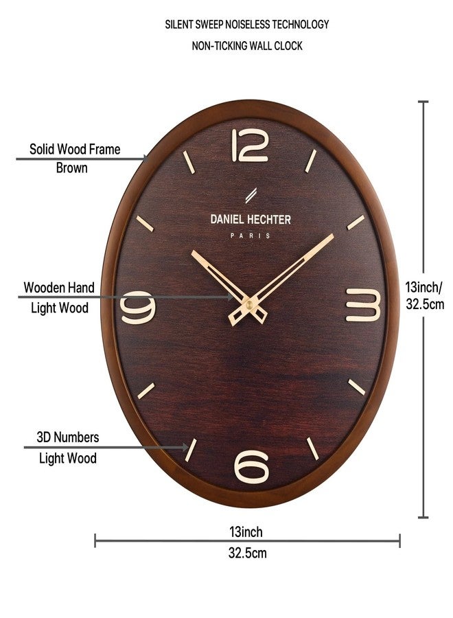 Daniel Hechter Paris Vienne Collection Wall Clock, Silent Sweep Non-Ticking, 13 Inch (32.5 cm) Wood-Grain Dial, Brown Wooden Frame, 3D Numbers, Decorative Clock for Home & Office - DHCL1005 - Image 3
