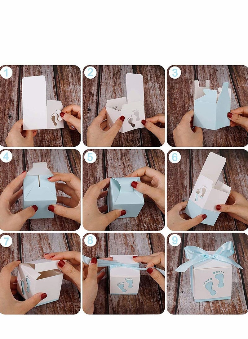 50x Blue Baby Footprints Candy Favor Gift Boxes for Showers, Kids Birthday, Wedding Party - Ribbon Box Included - Image 3