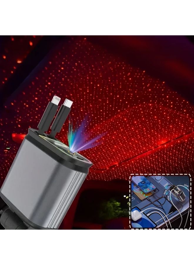 Noon 4 In 1 Fast USB C Car Charger With Space Gray Metallic Red Starry Sky Ambient Light 66W Dual Retractable Cable Dual USB Port Car Mobile Phone Charger Vehicle Romantic Atmosphere Artifact Simultaneously Charge 4 Devices 180 Degree Flexible Body Angle Adjustment Compatible With iPhone Galaxy And More Charging Devices Holiday Gift - Image 3