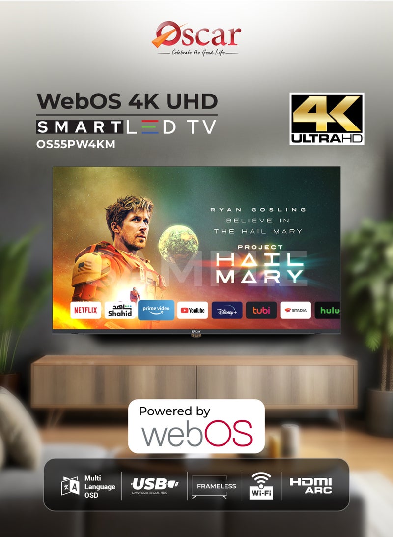 أوسكار تلفزيون أوسكار 55 بوصة فائق الوضوح 4K بتقنية WEBOS LED | شاشة بدون إطار، يدعم Apple AirPlay و Miracast لعكس الشاشة، متوافق مع Apple Home، تلفزيون ذكي، ثنائي اللغة (الإنجليزية والعربية)، تلفزيون بإطار نحيف للترفيه المنزلي - OS55PW4KM - Image 2
