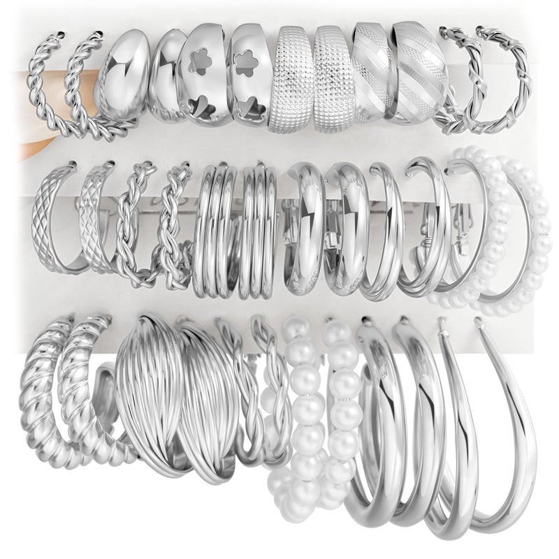 YEEZII Silver Hoop Earrings Set for Women, 18 Pairs Hypoallergenic Chunky Open Pearl Hoops Earring Multipack, Silver Statement Hoop Earrings for Women Trendy Jewelry - Image 1