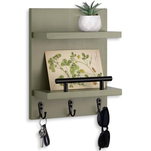 Lucundm Key Holder Wall Mount Mail Shelf Decor with 3 Key Hooks Versatile Wood Wall Organizer for Entryway Hallway 82 x 106x 36 Sage Green - Image 1