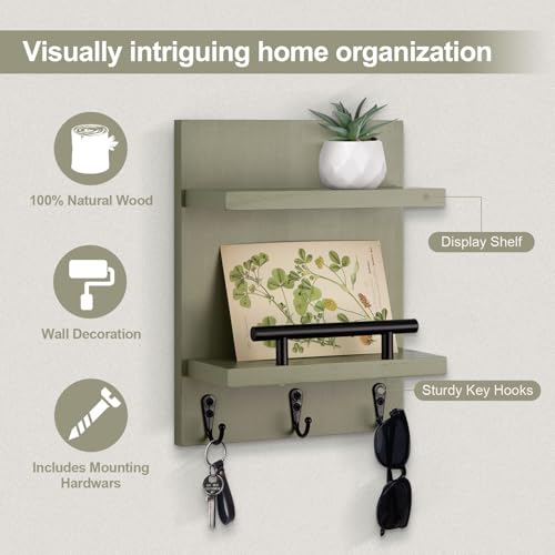 Lucundm Key Holder Wall Mount Mail Shelf Decor with 3 Key Hooks Versatile Wood Wall Organizer for Entryway Hallway 82 x 106x 36 Sage Green - Image 3