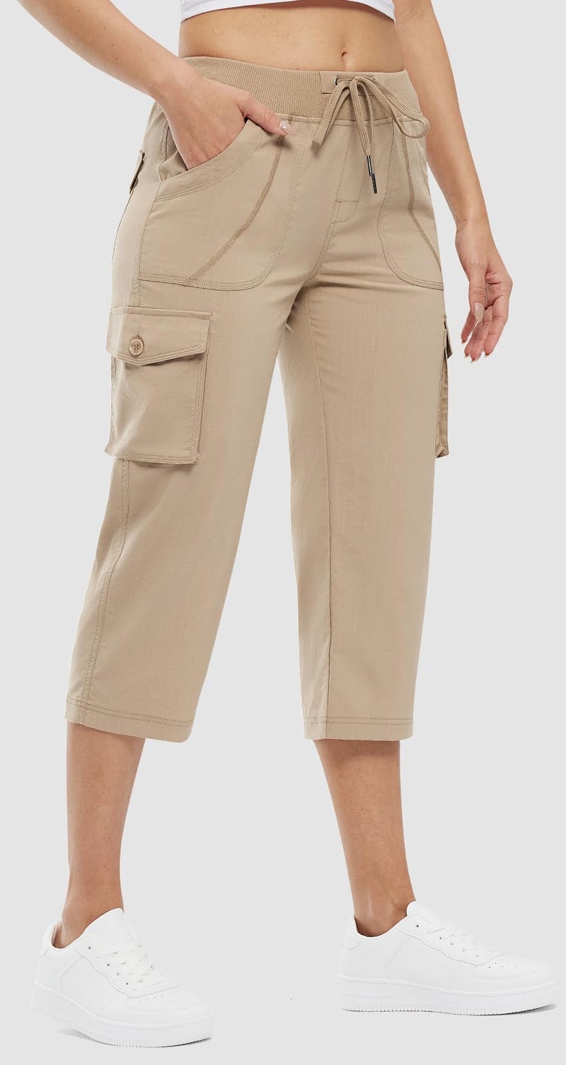 Rdruko Women's Cargo Capris Lightweight Quick Dry Hiking Travel Summer Casual Pants with Pockets,Khaki, US L - Image 5